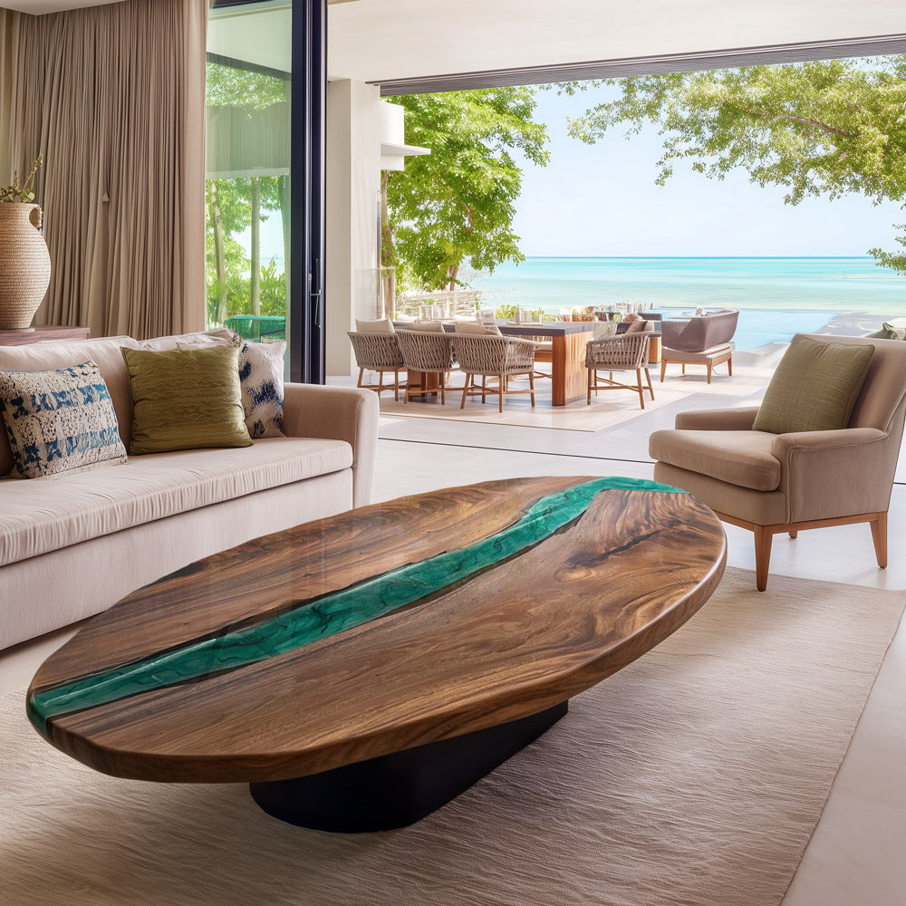 KAZANAHOME Walnut & Emerald Green Oval Epoxy Table 42"W×72"L