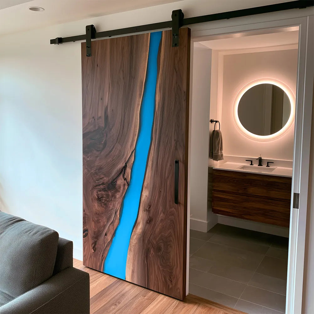 Walnut Blue River Epoxy Resin Single Entrance Barn Door | EBD09