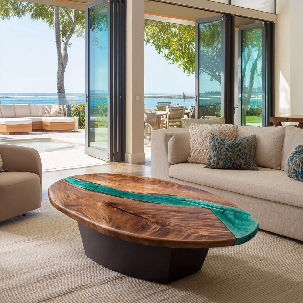 KAZANAHOME Walnut & Emerald Green Oval Epoxy Table 42"W×72"L
