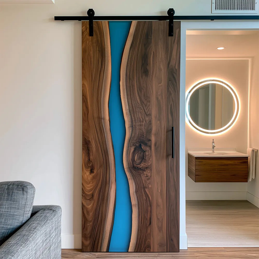 Walnut Blue River Epoxy Resin Single Entrance Barn Door | EBD09