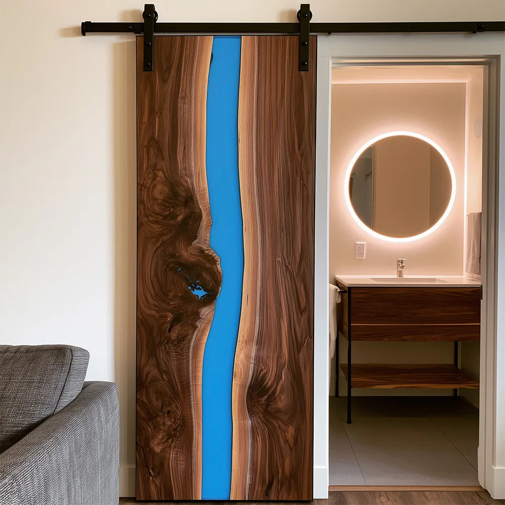 Walnut Blue River Epoxy Resin Single Entrance Barn Door | EBD09