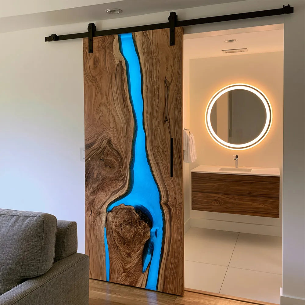 Walnut Blue River Epoxy Resin Single Entrance Barn Door | EBD09