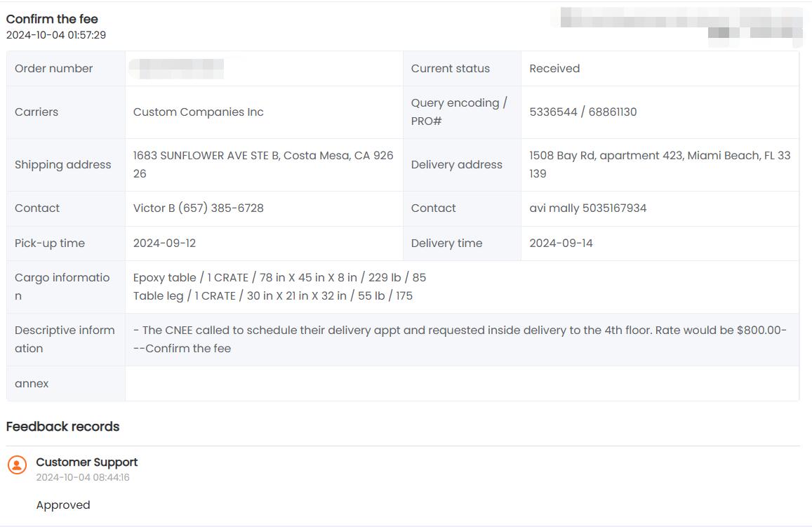 Order kz1290 delivered to the fourth floor cost $800 for Avi