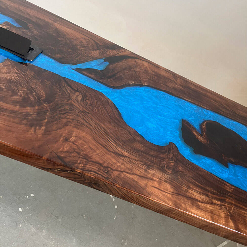 KAZANAHOME Black Walnut Blue River Conference Epoxy Table with Two Power Outlets 36"W×120"L