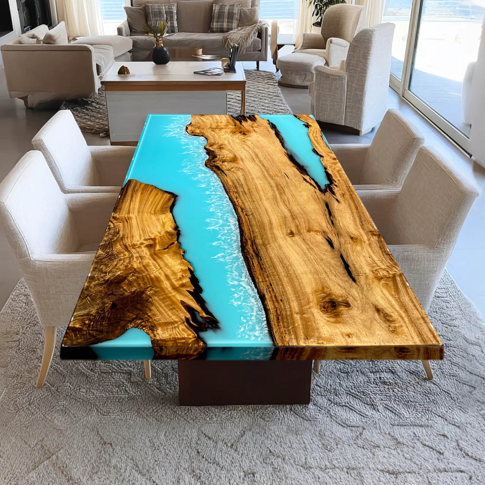 KAZANAHOME Golden Camphor Wood Coastal Wave Epoxy Table 47"W×80"L