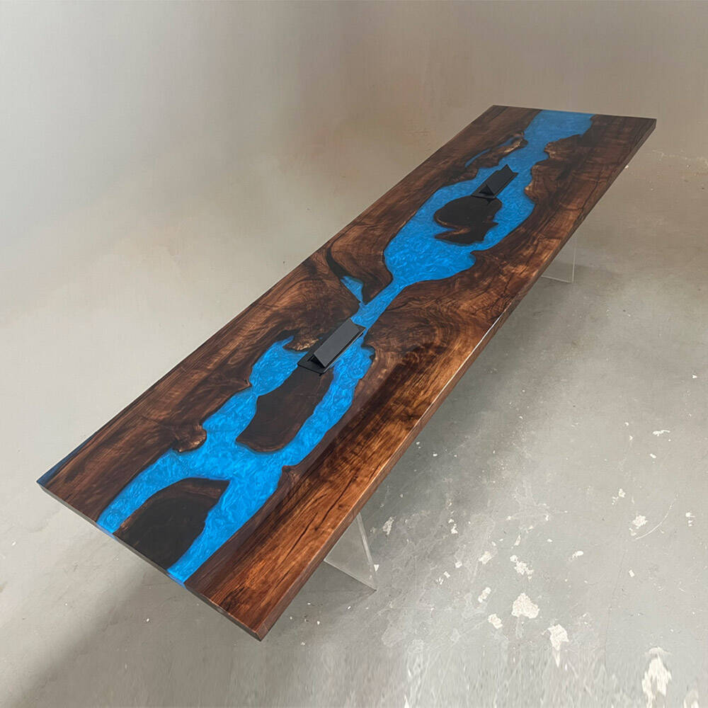 KAZANAHOME Black Walnut Blue River Conference Epoxy Table with Two Power Outlets 36"W×120"L