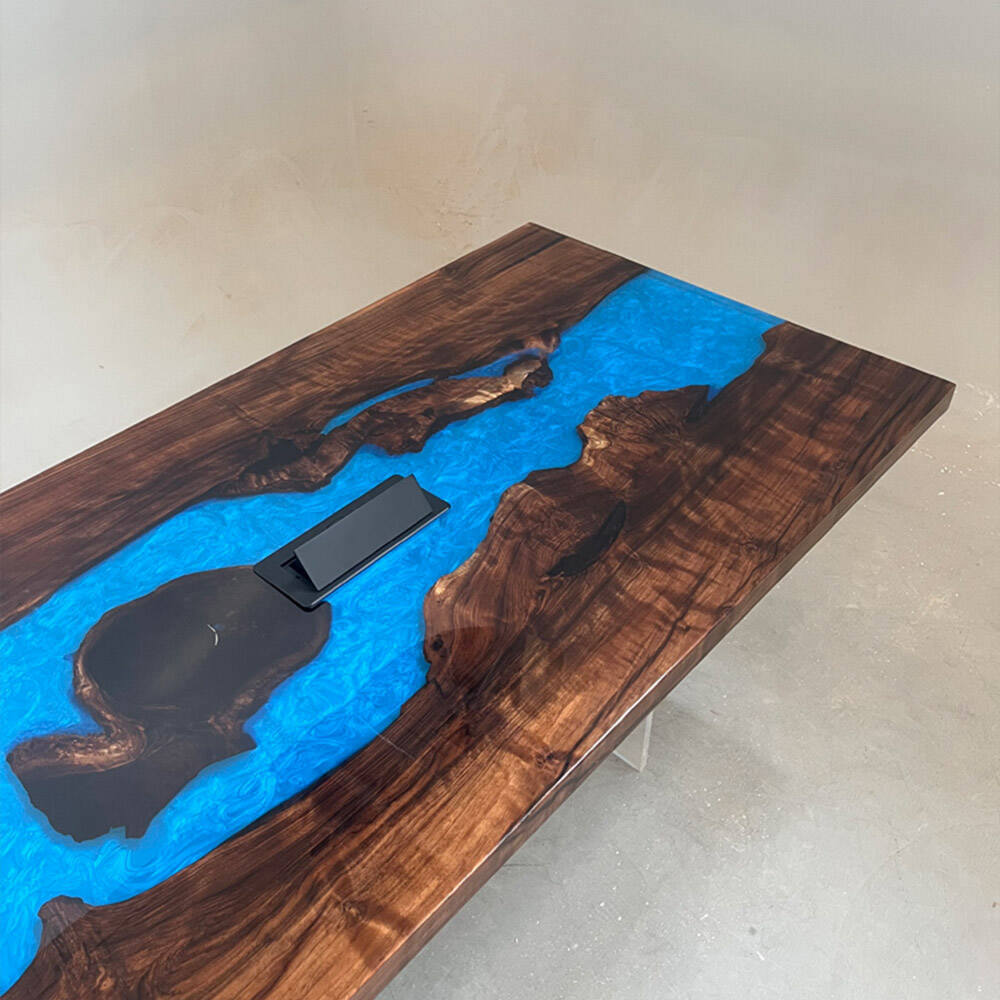 KAZANAHOME Black Walnut Blue River Conference Epoxy Table with Two Power Outlets 36"W×120"L