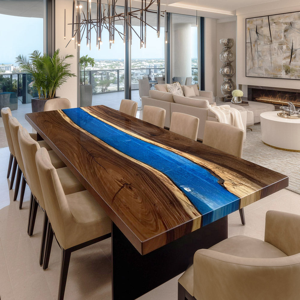KAZANAHOME Walnut Blue River Epoxy Table 48"W×96"L