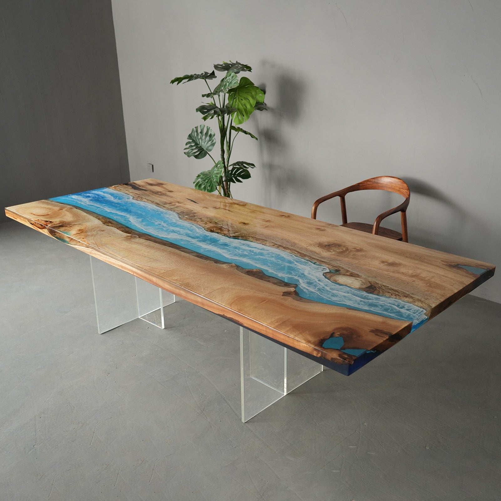 KAZANAHOME Golden Camphor Blue Wave River Epoxy Table 42"W×96"L