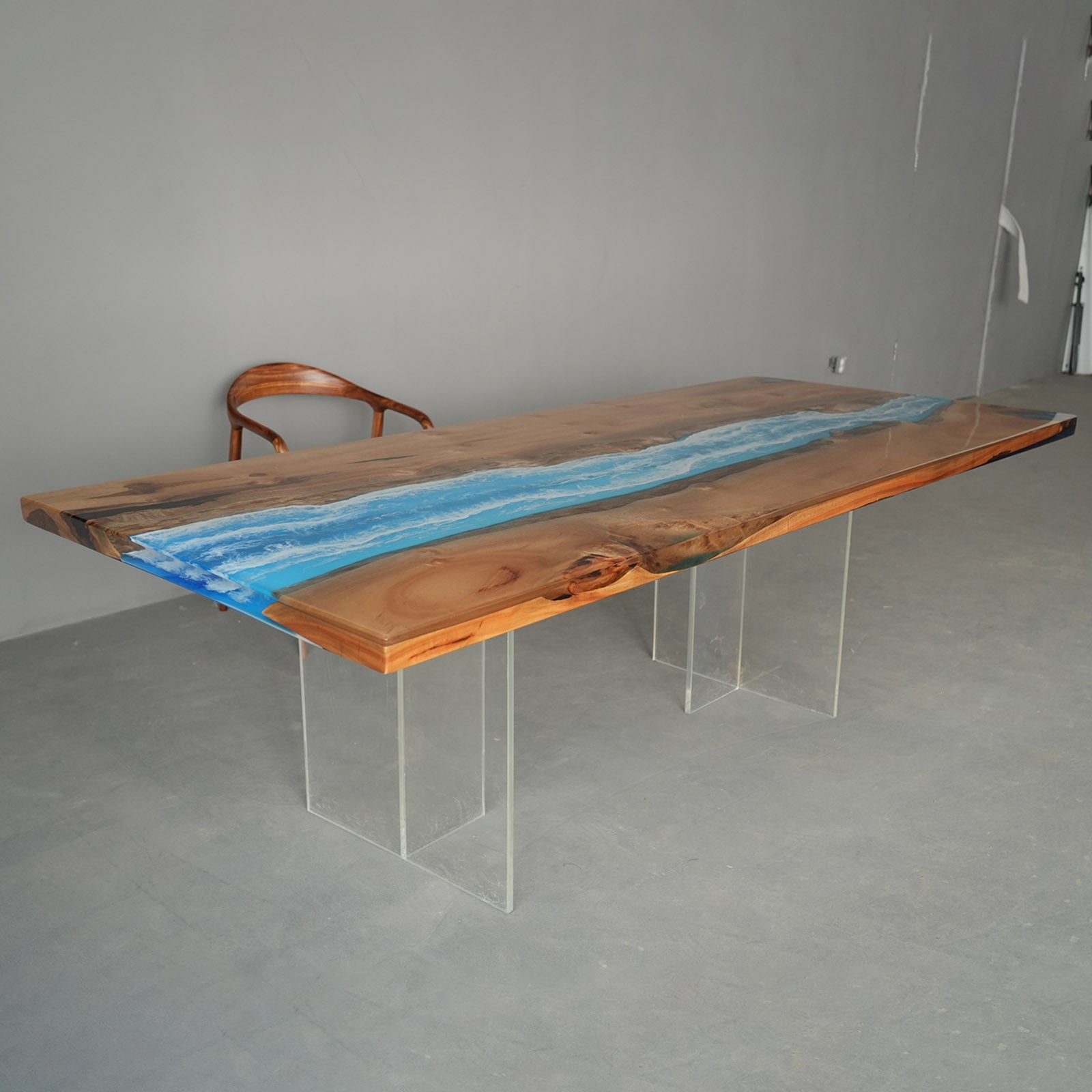 KAZANAHOME Golden Camphor Blue Wave River Epoxy Table 42"W×96"L