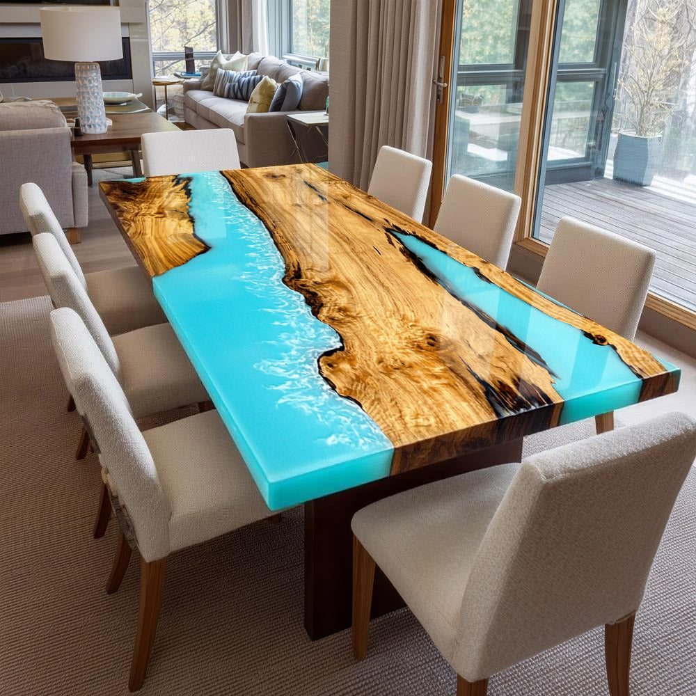 KAZANAHOME Golden Camphor Wood Coastal Wave Epoxy Table 47"W×80"L