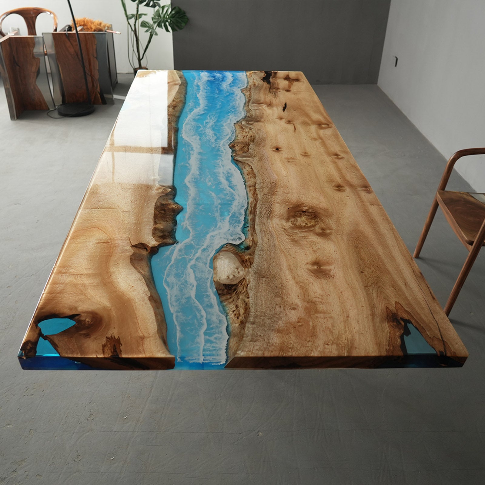 KAZANAHOME Golden Camphor Blue Wave River Epoxy Table 42"W×96"L