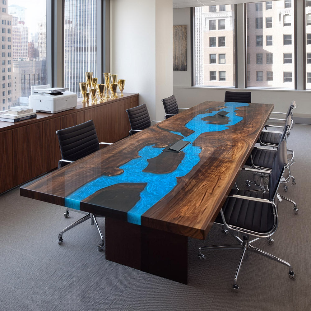KAZANAHOME Black Walnut Blue River Conference Epoxy Table with Two Power Outlets 36"W×120"L