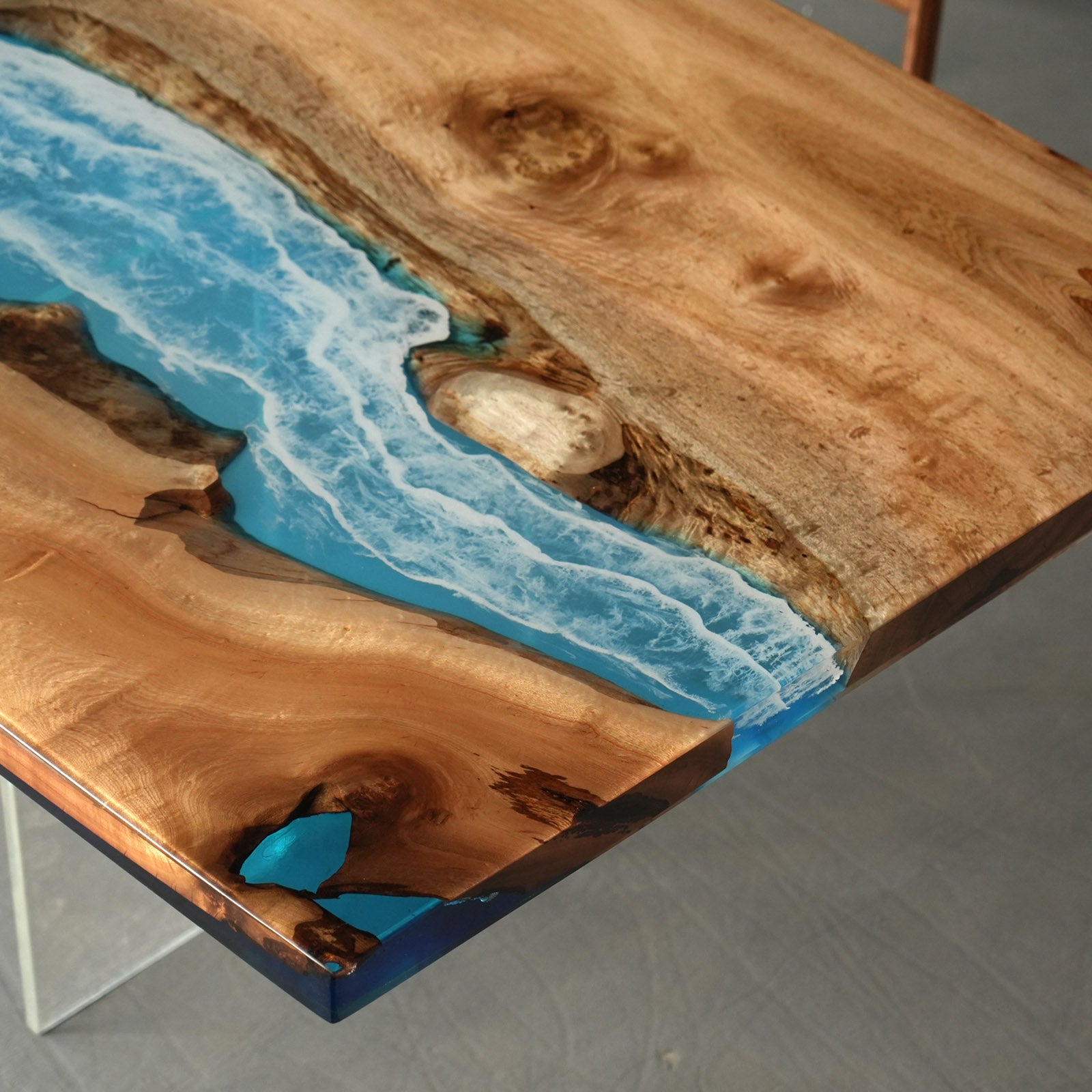 KAZANAHOME Golden Camphor Blue Wave River Epoxy Table 42"W×96"L