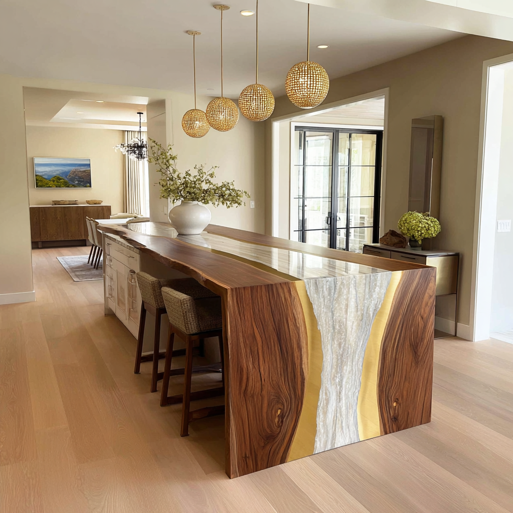 Architectural Walnut Waterfall White Epoxy Dining Table for Coastal Estates in San Francisco