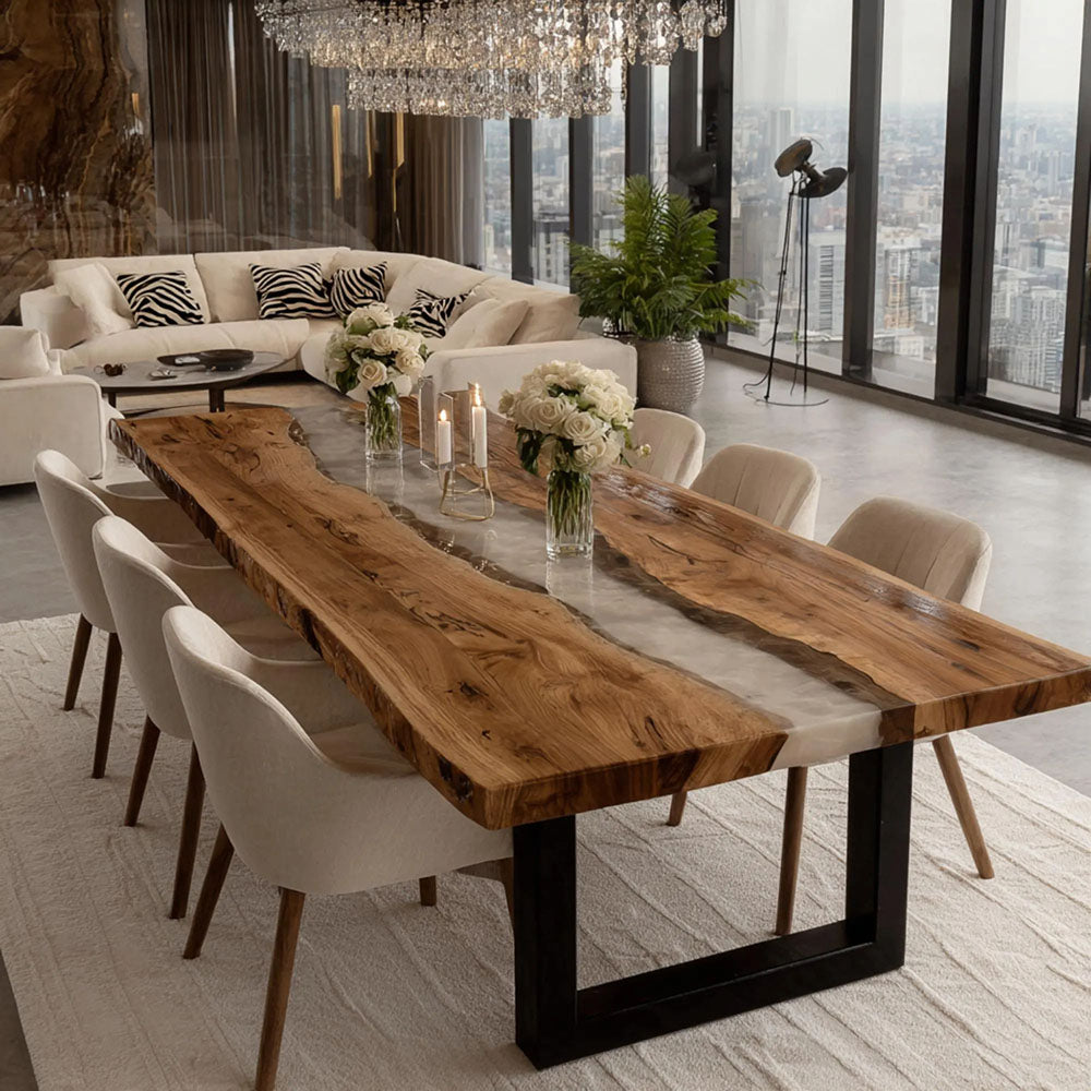 Artisanal Black Walnut Wood Pearlwhite Shimmer Epoxy Table - for Upscale Dining Rooms in Boston