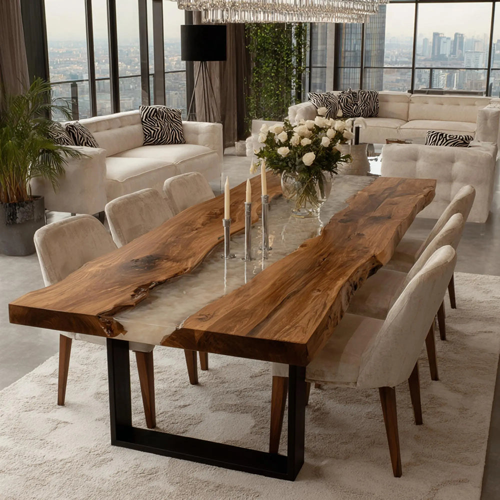 Black Walnut Wood Pearlwhite Shimmer Epoxy Table for Upscale Dining Rooms in Boston