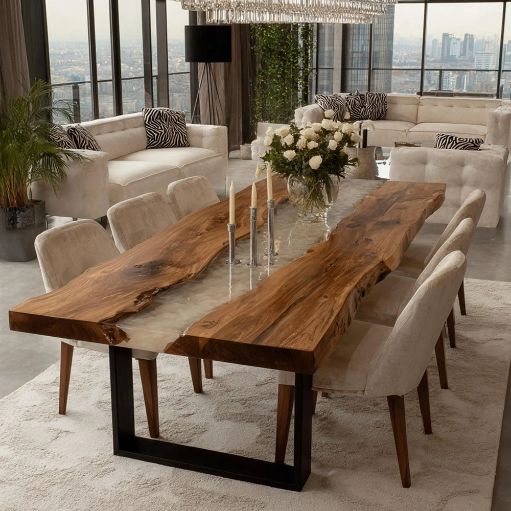 Artisanal Black Walnut Wood Pearlwhite Shimmer Epoxy Table - for Upscale Dining Rooms in Boston