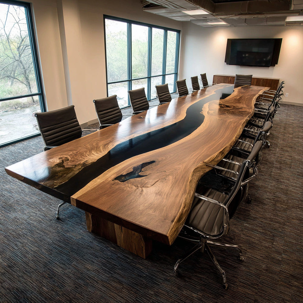 Artisanal Live Edge Walnut Deep Black Conference Epoxy Table – Stunning Centerpiece for High-End American Office Suites in Boston