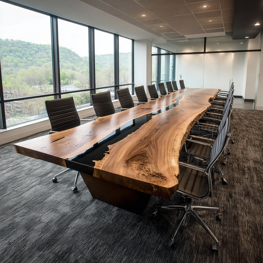 Artisanal Live Edge Walnut Black Conference Epoxy Table in Boston