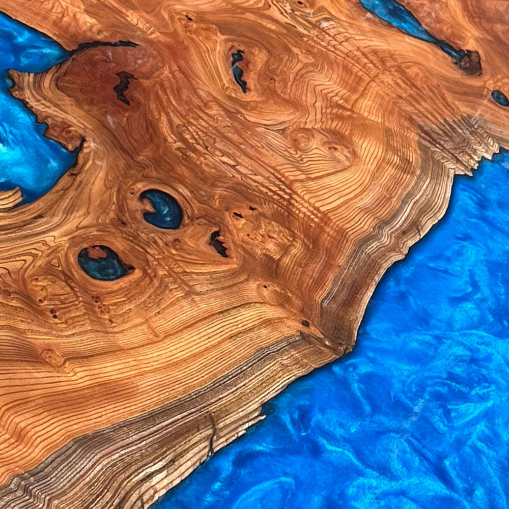 Custom Beech Blue River Epoxy Table in los angeles