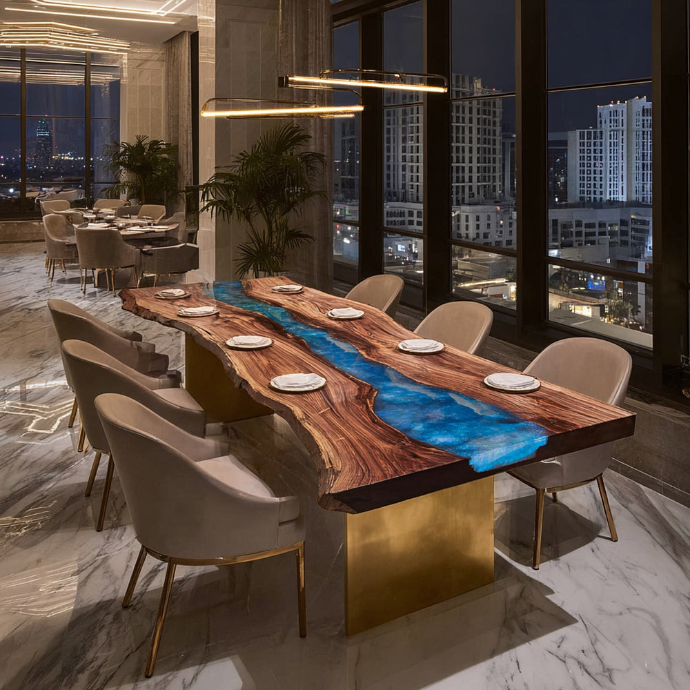 Black Walnut Blue Resin Epoxy Table for Luxury High-End Hospitality Dining Spaces in Manhattan
