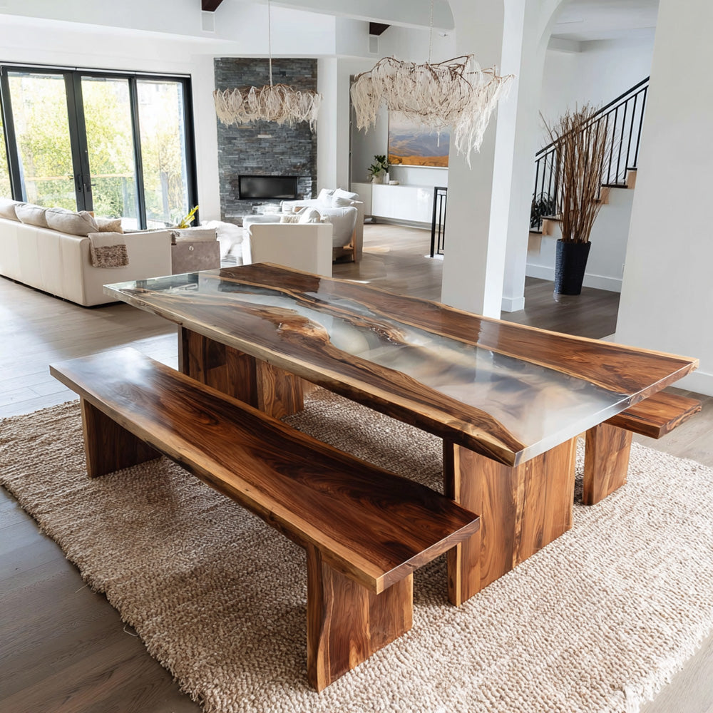 Ethereal Black Walnut Wood Epoxy Table Set in Aspen