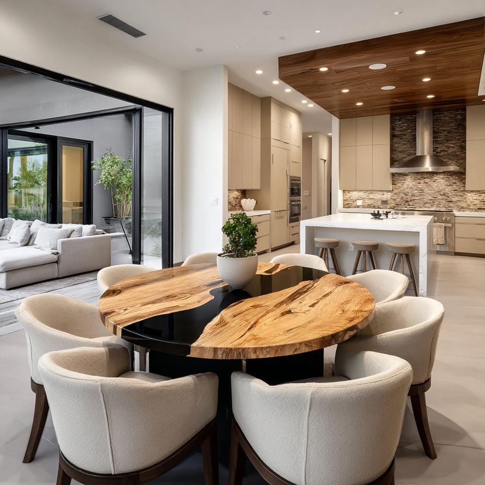 Space-Saving Round Black Walnut Epoxy Table with High-Gloss Black Resin Inlay in Seattle
