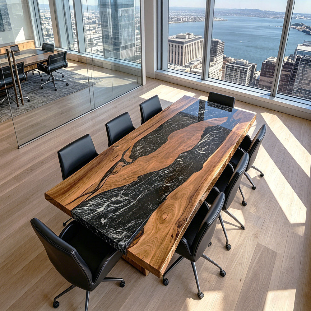 Black Walnut Executive Conference Epoxy Table with Monochromatic Black & White Resin River in Houston