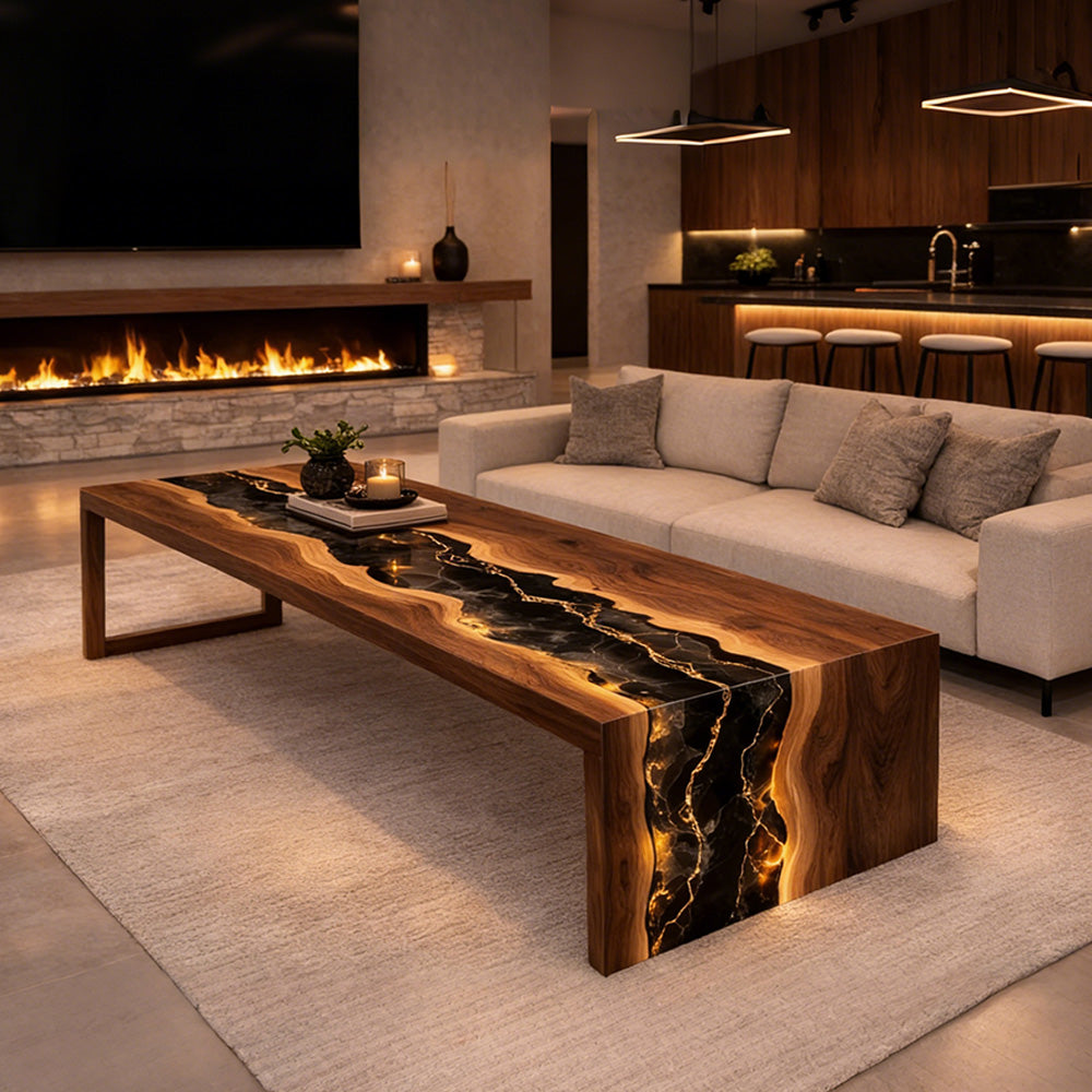 Waterfall Black Walnut Shimmering Black-Gold Epoxy River Table – for High-End Residential in New York