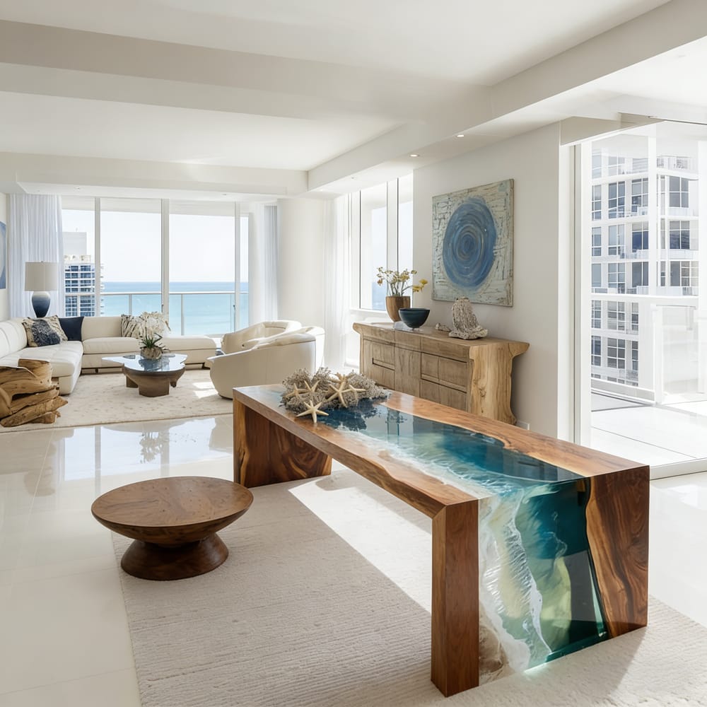 Precision-Engineered Black Walnut Waterfall Epoxy Table for Modern Beachfront Estates in Malibu