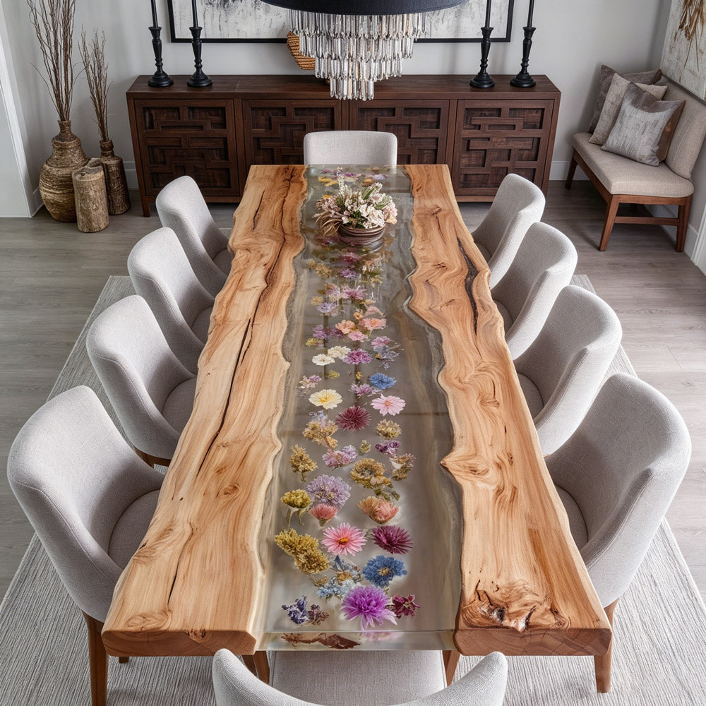 Botanical Olive Wood Epoxy Table - Transparent Clarity Resin with Floral Accentss for Fine Dining Rooms in Hamptons