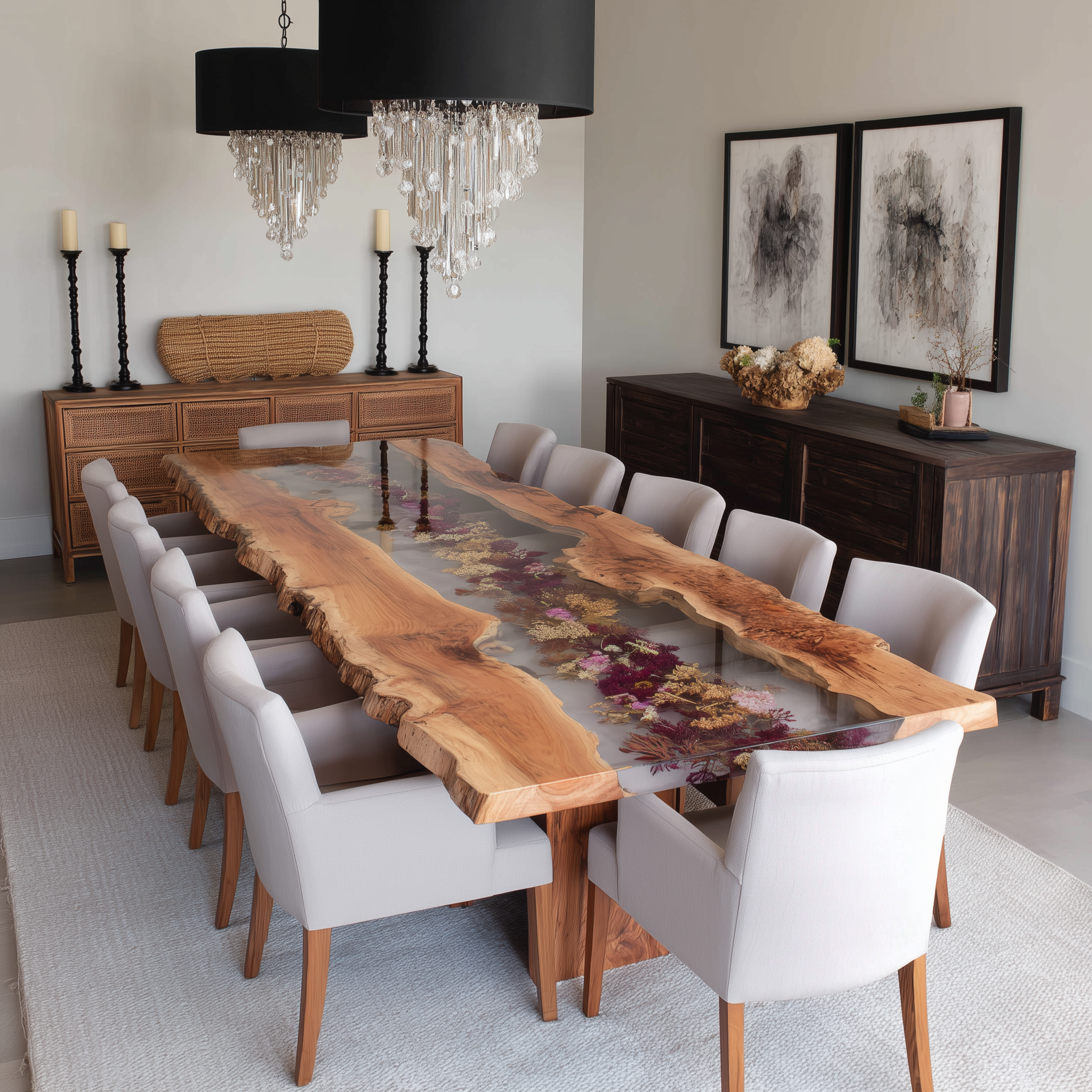 Botanical Olive Wood Floral Inlay Epoxy Table in Hamptons