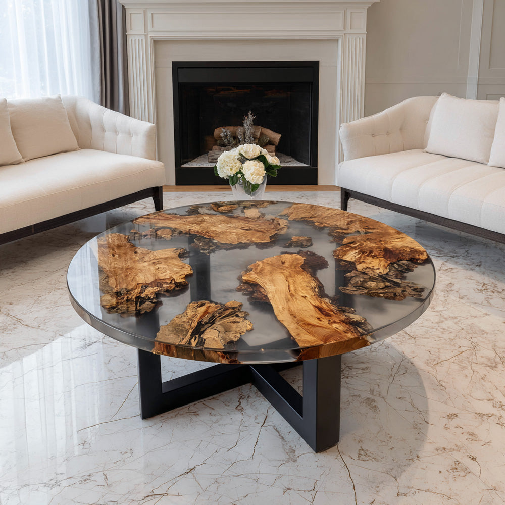 Boutique Round Olive Wood Black Resin Table KCT75 in San Francisco