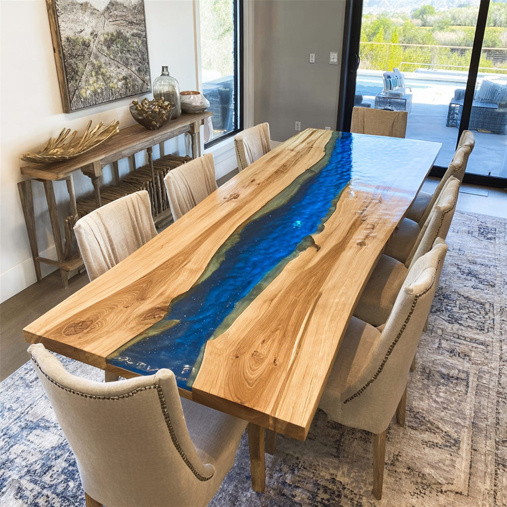 Clean Aesthetic Ash Wood Live Edge Epoxy Table - Elegant Blue Flow for Dining Areas in Las Vegas