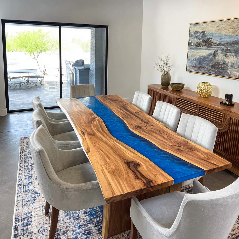 Ash Wood Live Edge Epoxy Table - Elegant Blue Flow for Dining Areas in Las Vegas