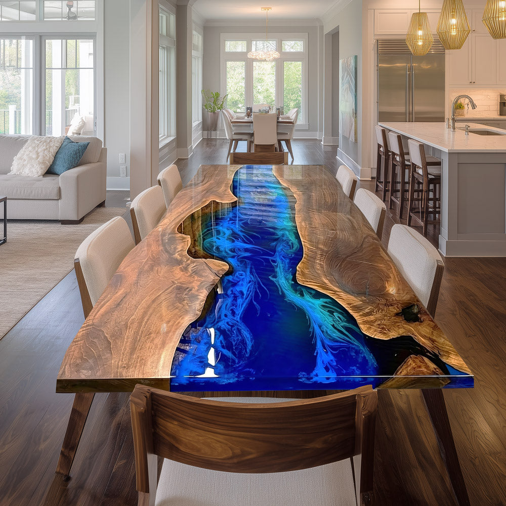 Coastal Luxury Black Walnut Dining Epoxy Tables in Malibu