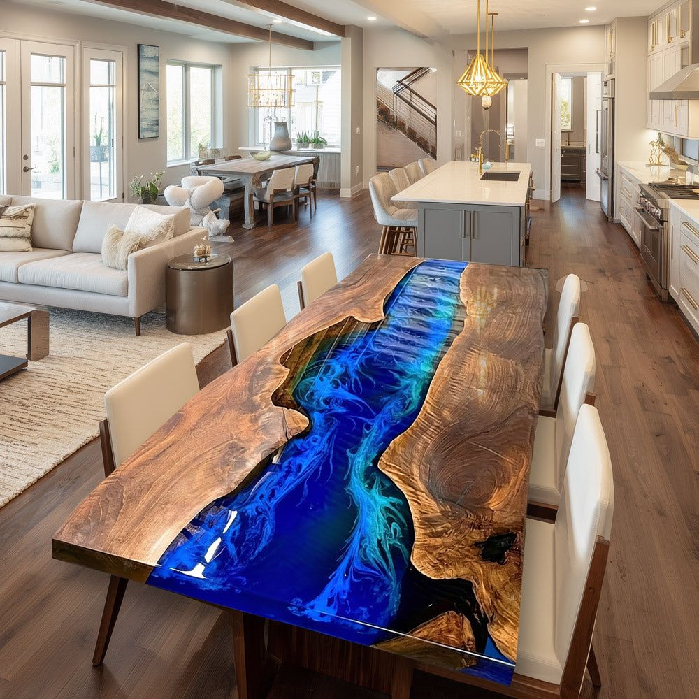 Coastal Luxury Black Walnut Dining Epoxy Table in Malibu