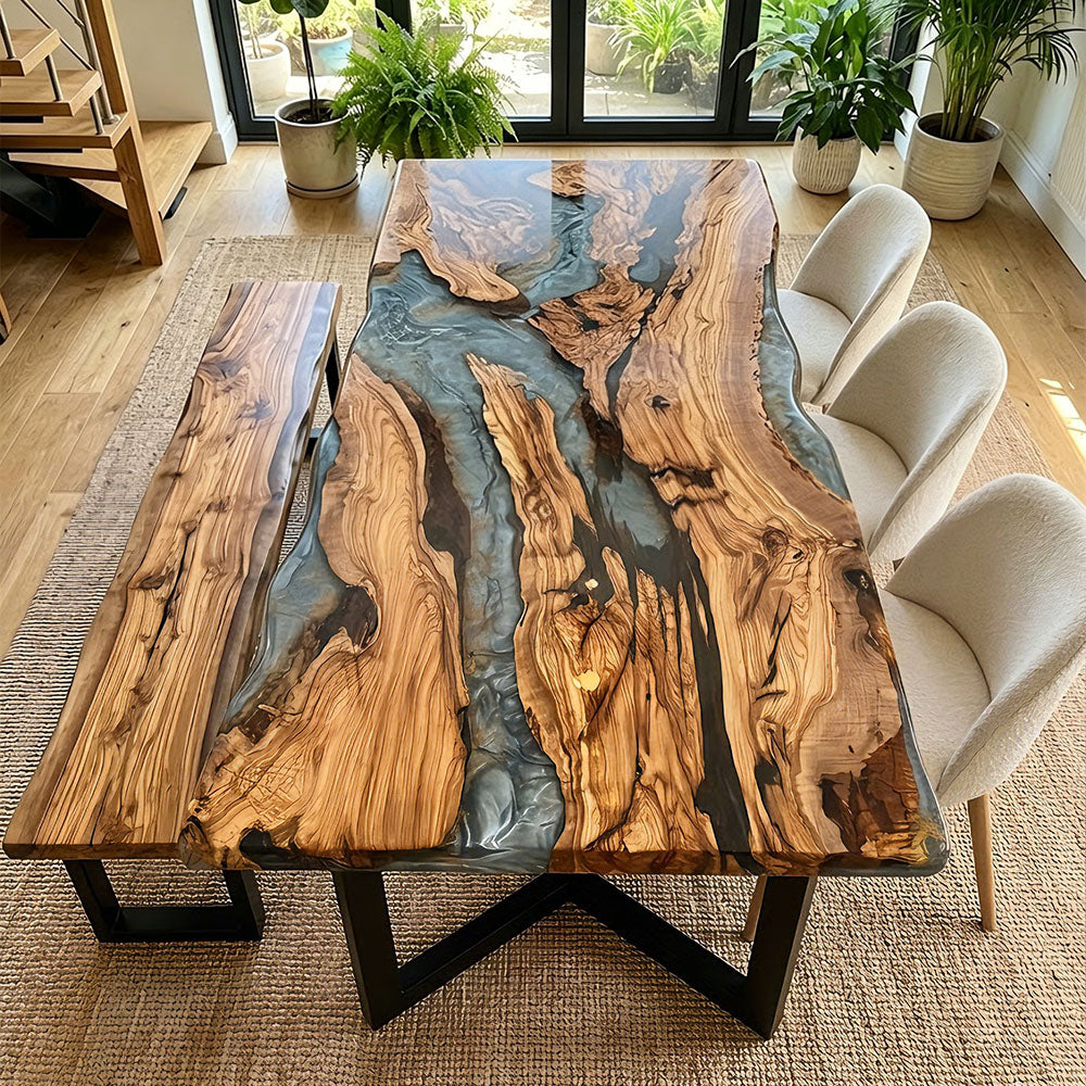 Contemporary Olive Wood & Smoked Silver Gray Dining Epoxy Table for Metropolitan Apartments in Nashville