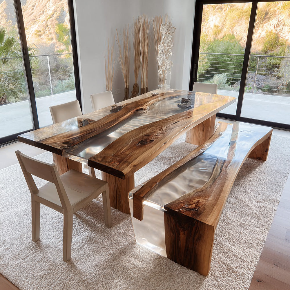 Walnut Epoxy Table Set with Matching Bench in Manhattan