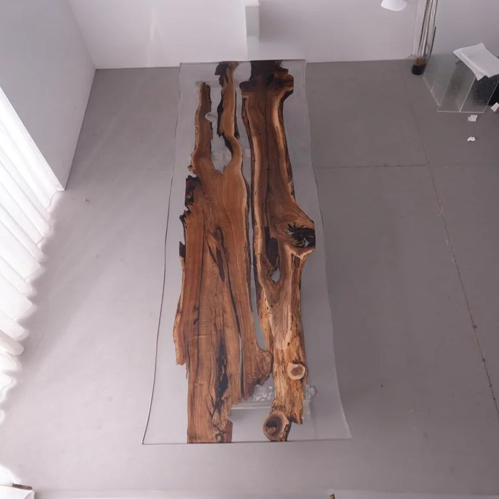 Glass epoxy table with natural wood design