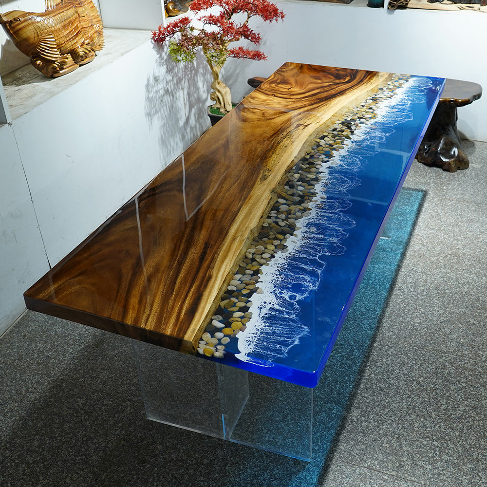 Custom Ocean Wave Walnut Epoxy Dining Table CT44