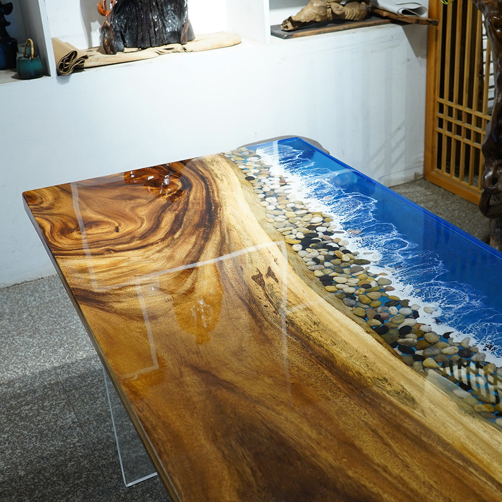 Custom Ocean Wave Walnut Epoxy Dining Table CT44