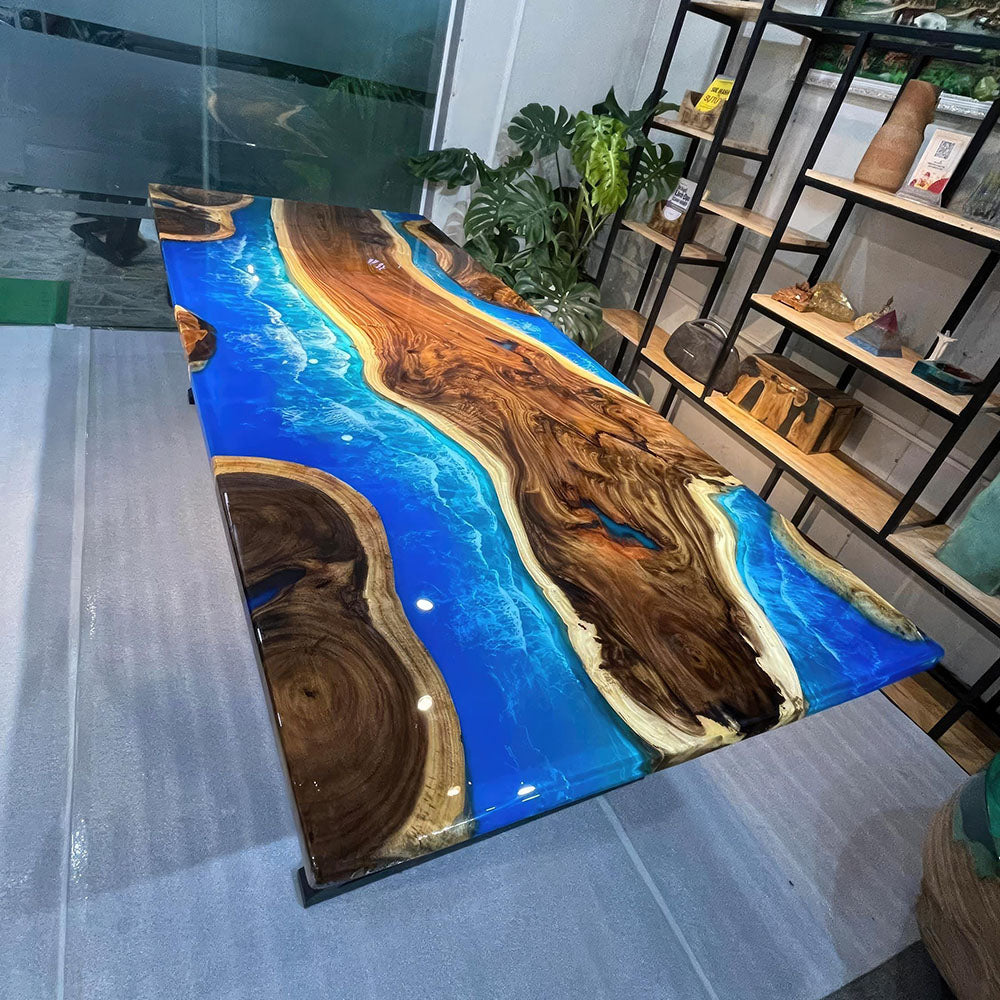 Ocean Wave Walnut Wood Epoxy Table - kazanahome
