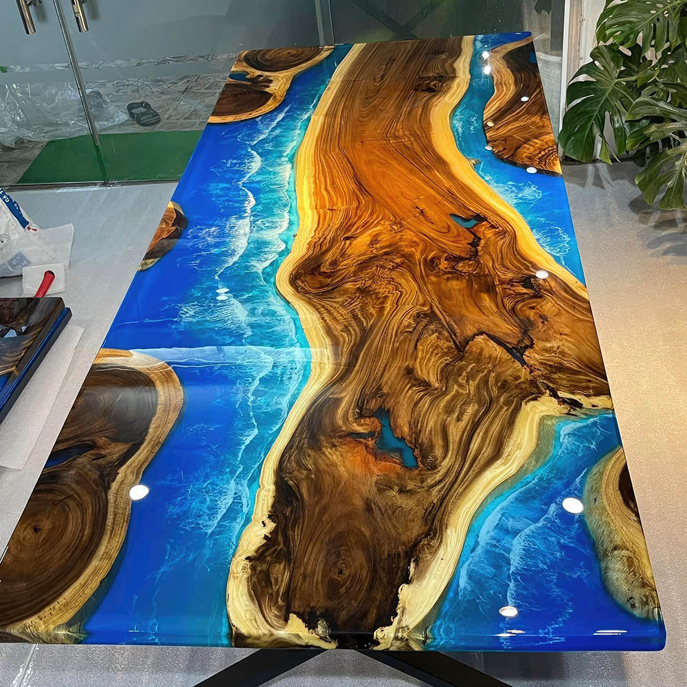 Custom Walnut Ocean Wave Epoxy Wood Table - Kazanahome