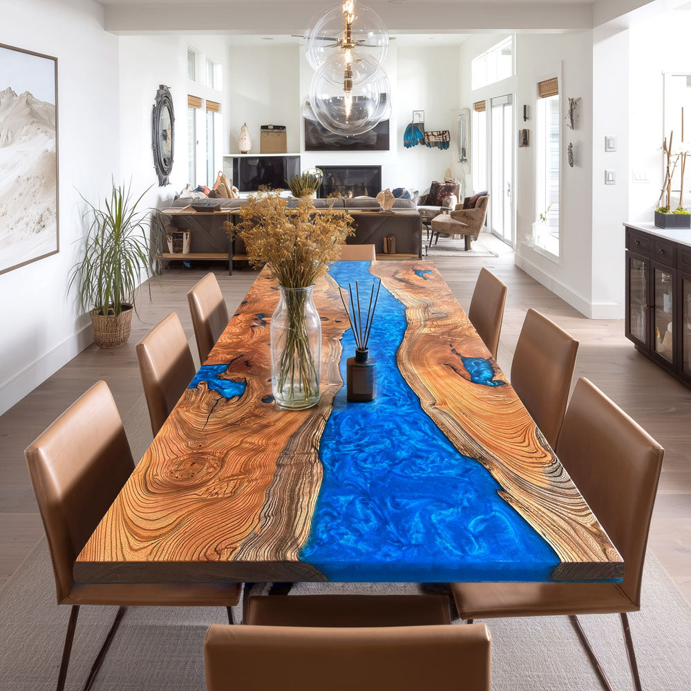 Custom Beech Blue River Epoxy Table in los angeles