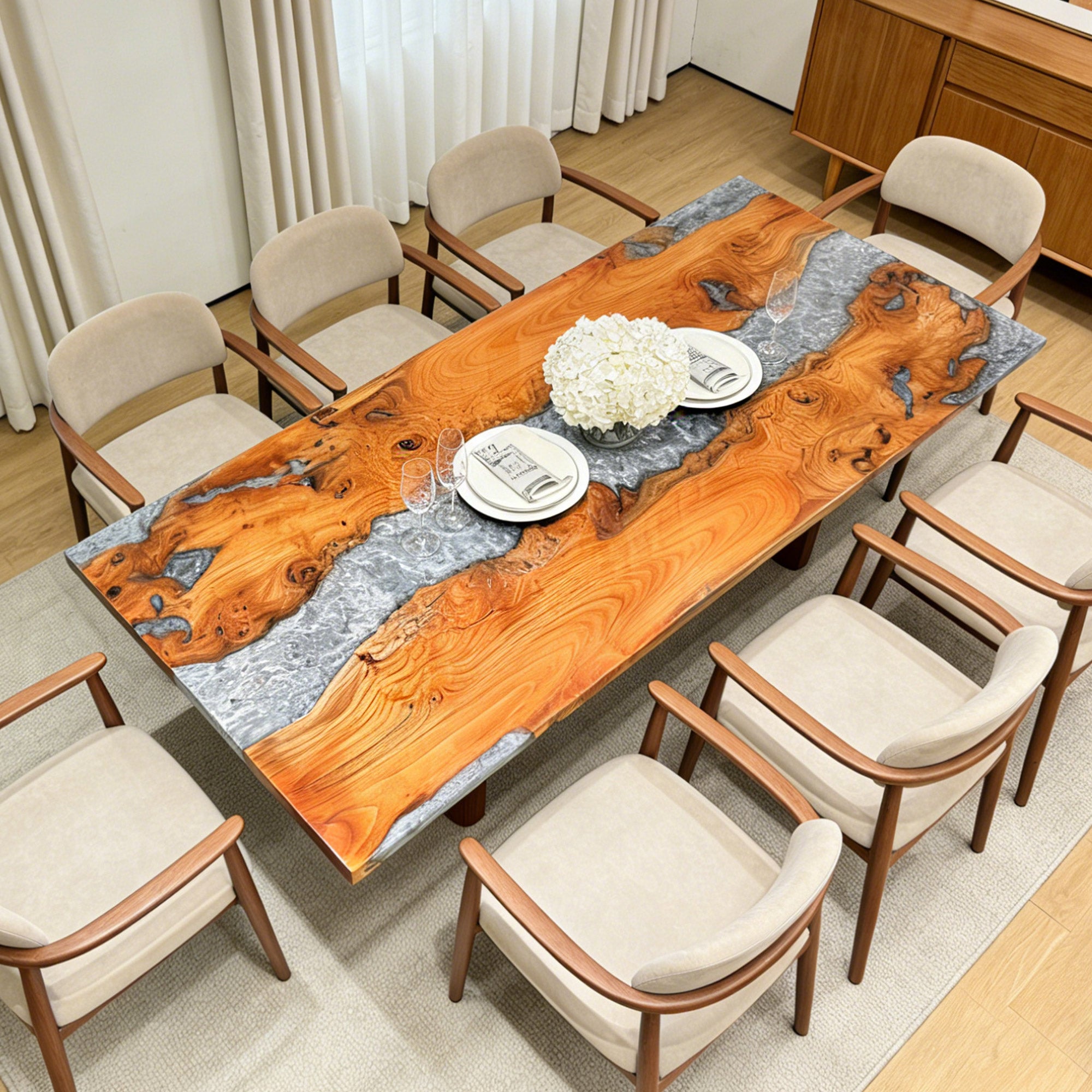 Custom Wood Silver River Epoxy Table in Chicago