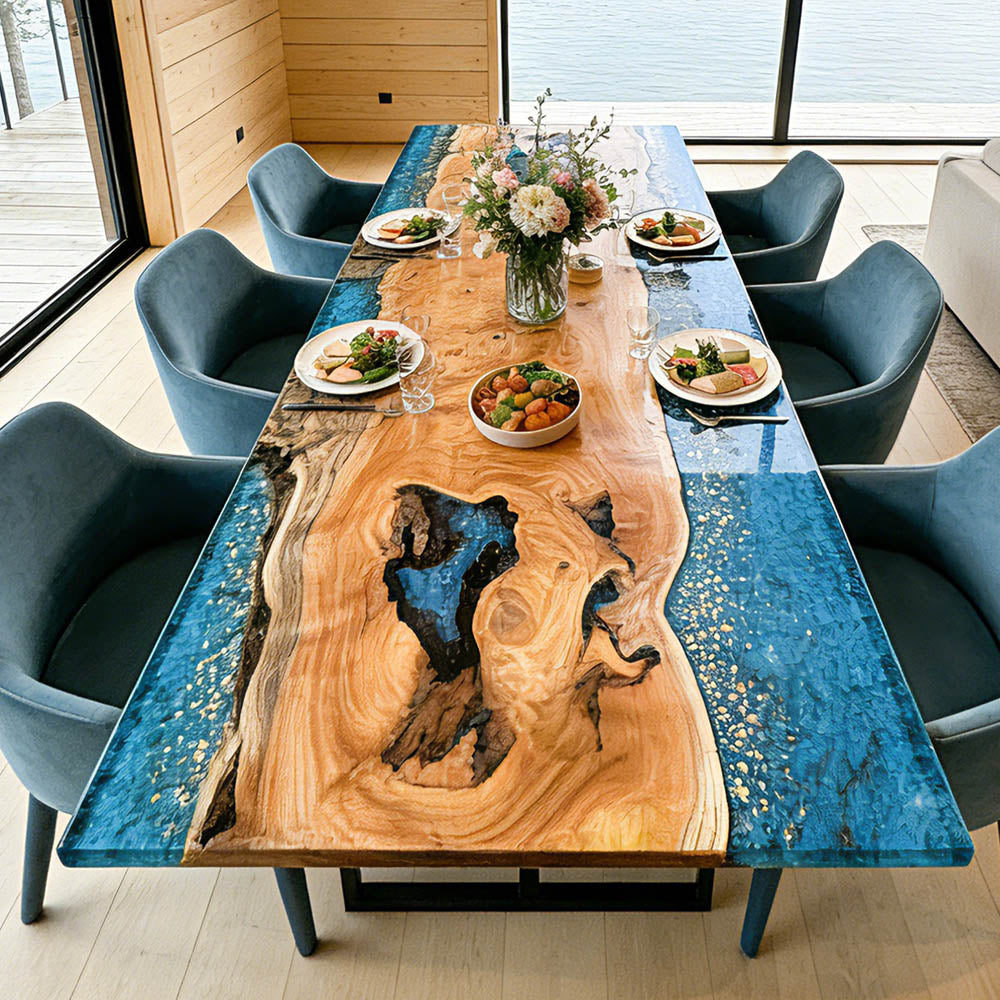 Custom Beech Wood Blue Galaxy Epoxy Table in Seattle