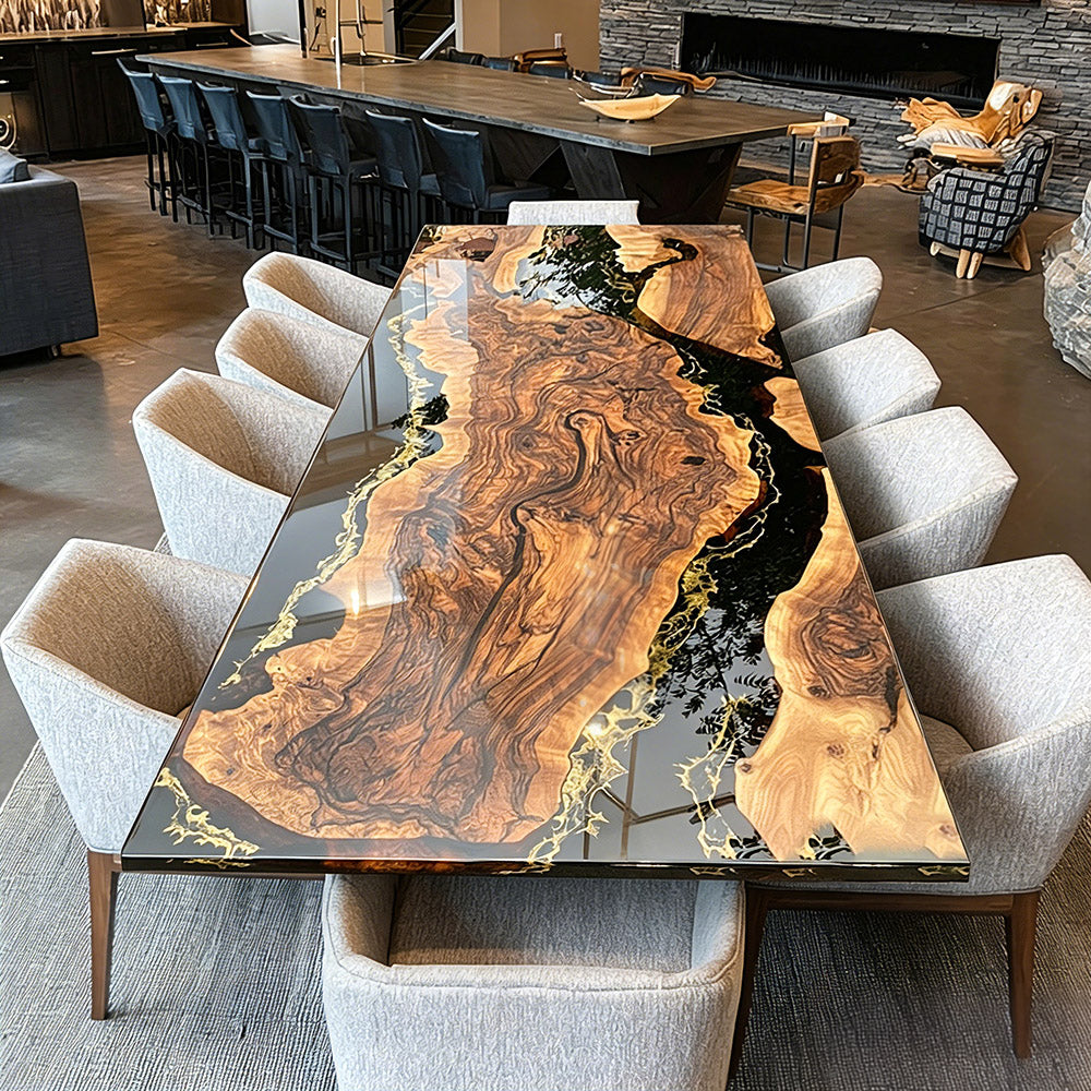 Custom Black Walnut Black Gold Epoxy Table for Upscale Hosting Spaces in Scottsdale
