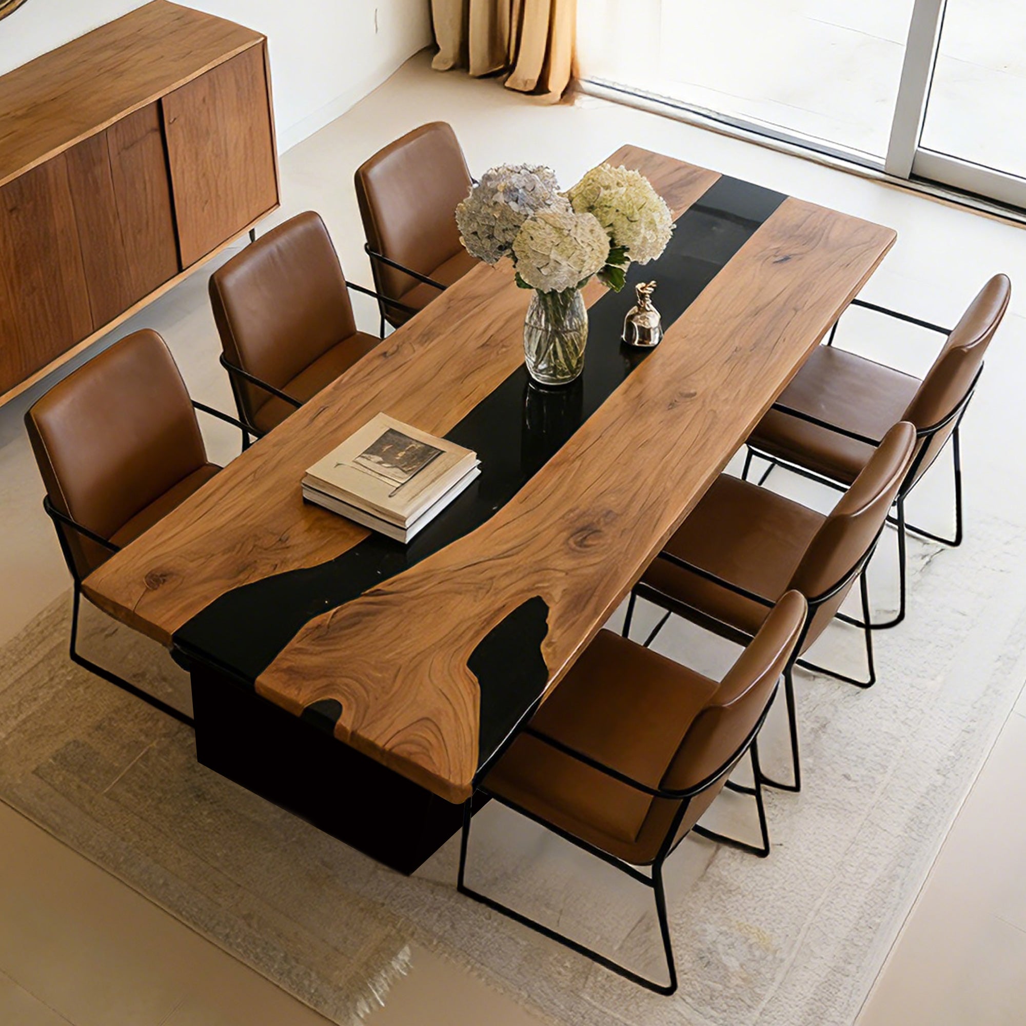 Custom Black Walnut Black River Epoxy Table in Miami